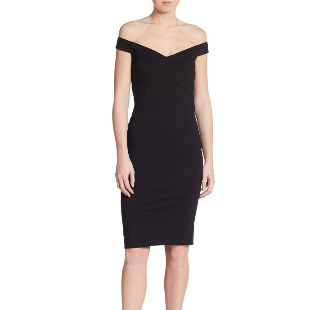 Women's Black Off-the-shoulder Ponte Sheath Dress